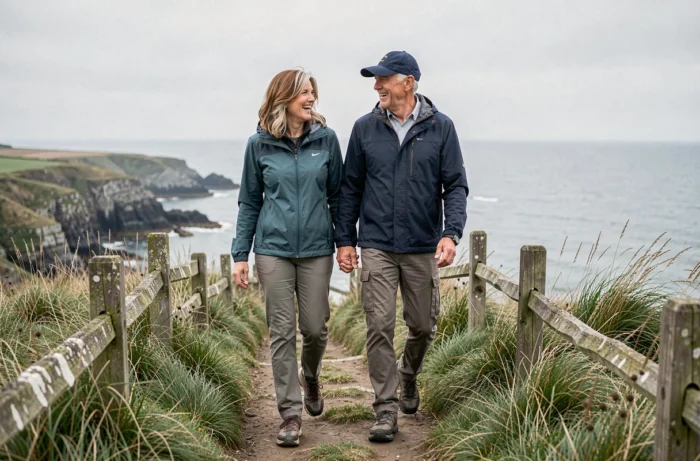 Couple de seniors marchant sur un sentier côtier pour rester actifs et en bonne santé après 60 ans