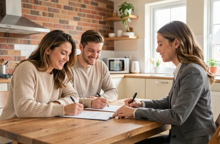 Jeune couple signant des documents d'achat immobilier avec une notaire dans un appartement rénové