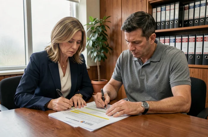 Couple consultant attentivement un contrat immobilier dans un bureau notarial avant d'acquérir une parcelle en parc résidentiel de loisirs