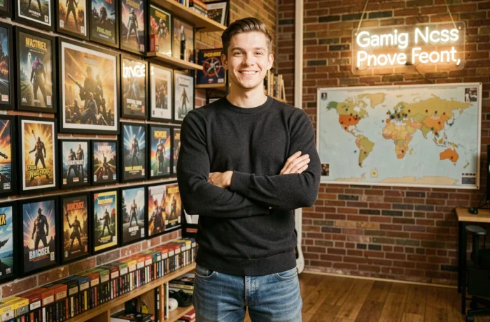 Jeune créateur de contenu gaming français debout devant un mur de souvenirs de jeux vidéo dans un loft créatif avec décoration gaming