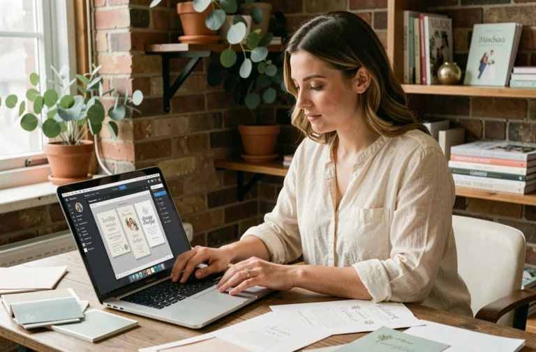 Jeune femme créant un faire-part de mariage en ligne sur son ordinateur portable dans un bureau chaleureux décoré de papeterie de mariage