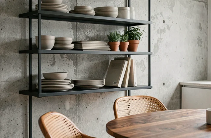 Cuisine moderne avec étagères en acier brossé, vaisselle en céramique mate et table ronde en noyer huilé dans un espace salle à manger