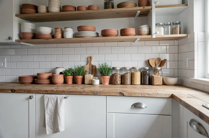 Cuisine organisée avec étagères ouvertes, bocaux en verre et vaisselle en céramique dans un intérieur scandinave