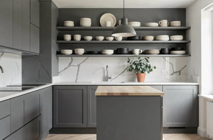 Cuisine scandinave avec façades de placards en gris ardoise mat, plan de travail en quartz blanc et étagères ouvertes en céramique