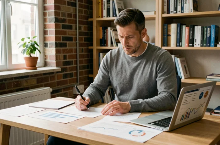 Un dirigeant d'entreprise analyse des rapports stratégiques seul dans son bureau avec des notes manuscrites et un ordinateur portable