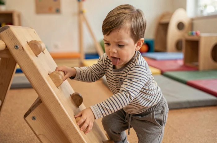 Enfant de 3 ans grimpant sur une structure en bois dans un centre de motricité pour développer la force musculaire et la coordination