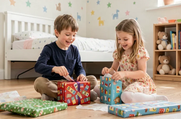 Deux enfants déballant des cadeaux de jouets tendance dans une chambre décorée avec enthousiasme
