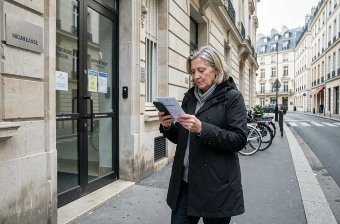 Femme vérifiant son rendez-vous sur smartphone devant l'entrée de la CPAM, façade d'un bâtiment administratif français