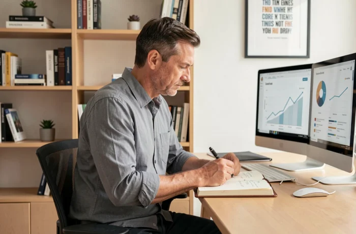 Entrepreneur travaillant depuis son bureau à domicile en analysant des statistiques de croissance sur un écran et prenant des notes