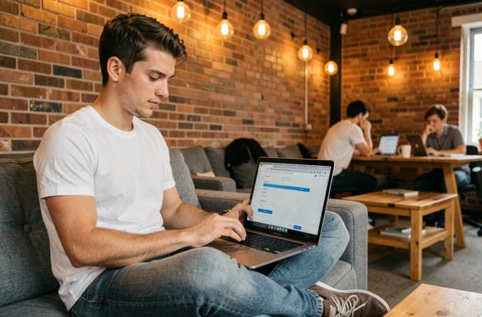Jeune entrepreneur configurant un hébergement web sur son ordinateur portable dans un espace de coworking