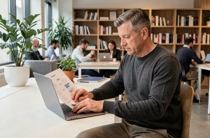 Entrepreneur masculin concentré sur son pitch deck dans un espace de coworking contemporain