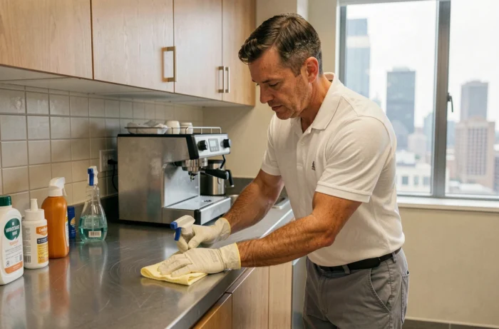 Agent d'entretien désinfectant les surfaces de la cuisine partagée dans un espace professionnel moderne