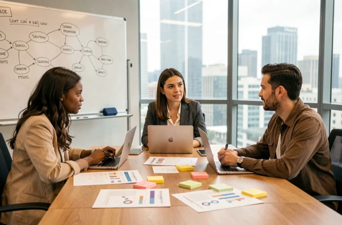 Équipe d'une agence digitale en réunion stratégique pour booster la visibilité en ligne d'un client