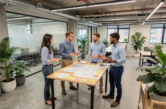 Une équipe de jeunes professionnels collabore sur un projet de développement du leadership dans un espace de co-working moderne
