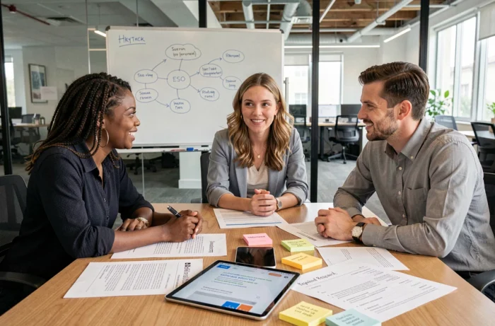 Équipe de professionnels collaborant autour d'une stratégie de référencement naturel dans une salle de réunion moderne