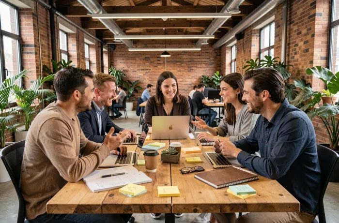 Équipe d'entrepreneurs en réunion collaborative dans un espace de coworking moderne avec ordinateurs et notes stratégiques