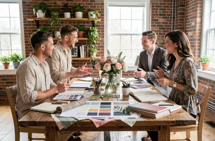 Équipe de professionnels du mariage discutant autour d'une table avec des échantillons de tissus et des moodboards dans un studio créatif
