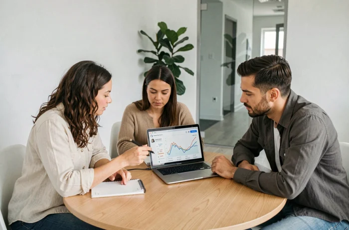 Équipe pluridisciplinaire analysant les tendances du marketing digital sur ordinateur portable lors d'une réunion collaborative