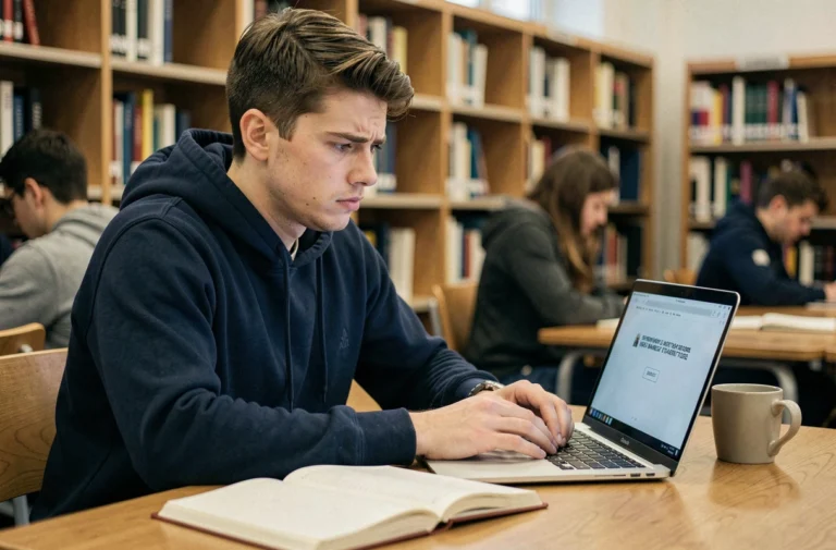 Étudiant frustré face à une panne de l'ENT de l'IUT devant son ordinateur portable à la bibliothèque universitaire