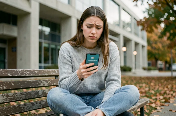 Étudiante consultant son smartphone face à une erreur de connexion sur l'ENT de l'IUT en extérieur sur le campus