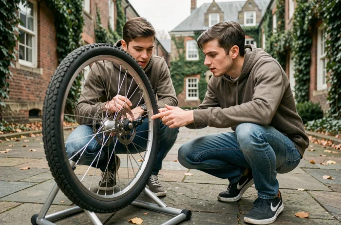 Étudiants en ingénierie comparant le mouvement circulaire et la rotation sur une roue de vélo dans une cour universitaire