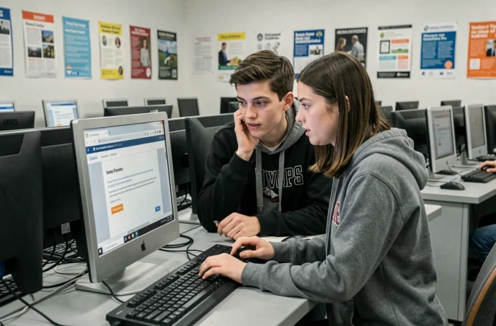 Deux étudiants cherchant des solutions face à une panne de l'ENT dans une salle informatique de l'IUT de Nîmes