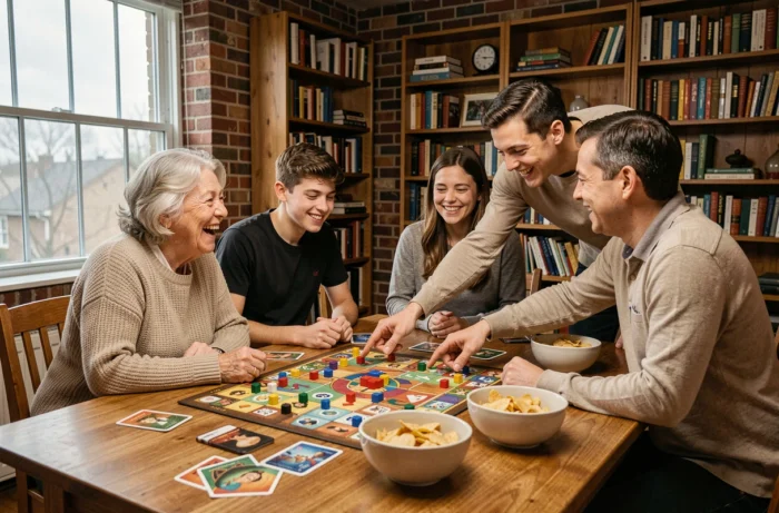 Famille multigénérationnelle jouant à un jeu de société autour d'une grande table en bois dans un salon chaleureux