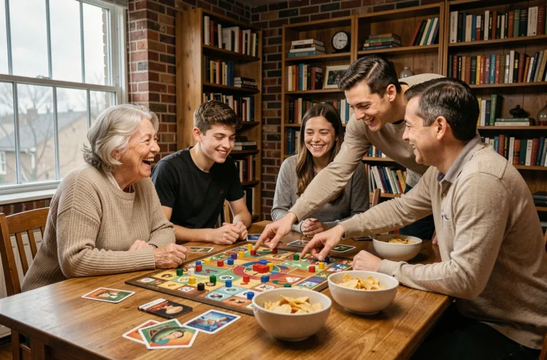 Famille multigénérationnelle jouant à un jeu de société autour d'une grande table en bois dans un salon chaleureux