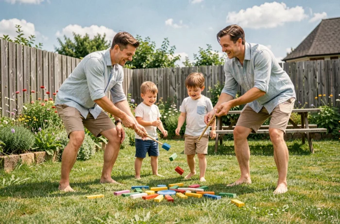 Jeune famille jouant à un jeu de plein air dans un jardin verdoyant lors d'une journée ensoleillée