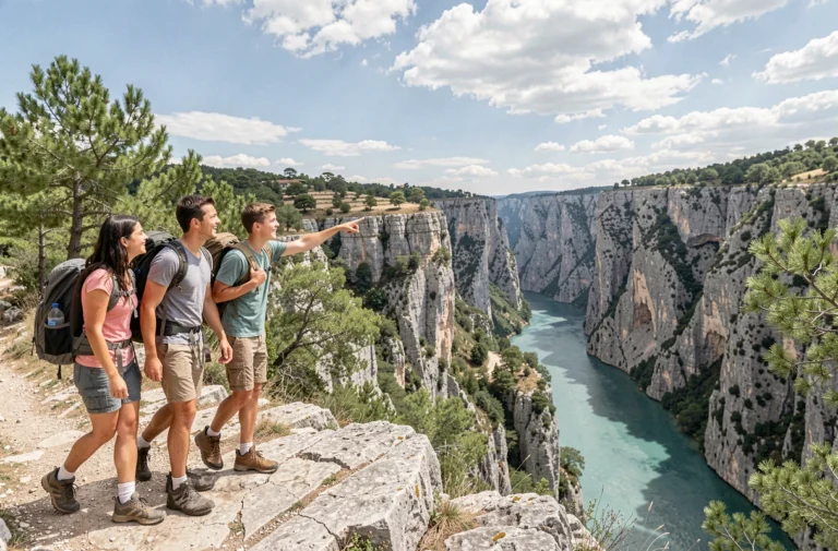 Famille en randonnée dans les Gorges du Verdon explorant les sentiers naturels de France
