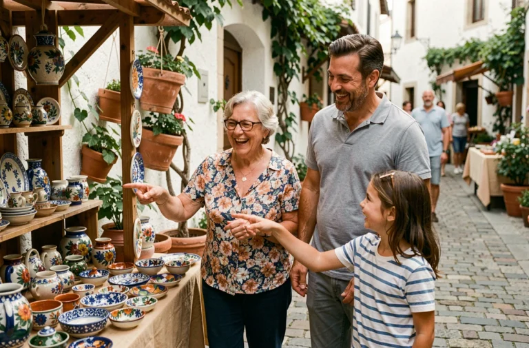 Famille en voyage visitant un marché en plein air dans un village européen, partageant un moment de joie entre générations