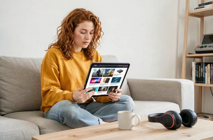 Une femme consulte les dernières actualités geek et sorties technologiques sur une tablette dans son salon