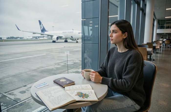 Jeune femme pensive dans un aéroport regardant un avion par la fenêtre avec un journal de voyage, symbole du syndrome de wanderlust et de l'envie d'évasion