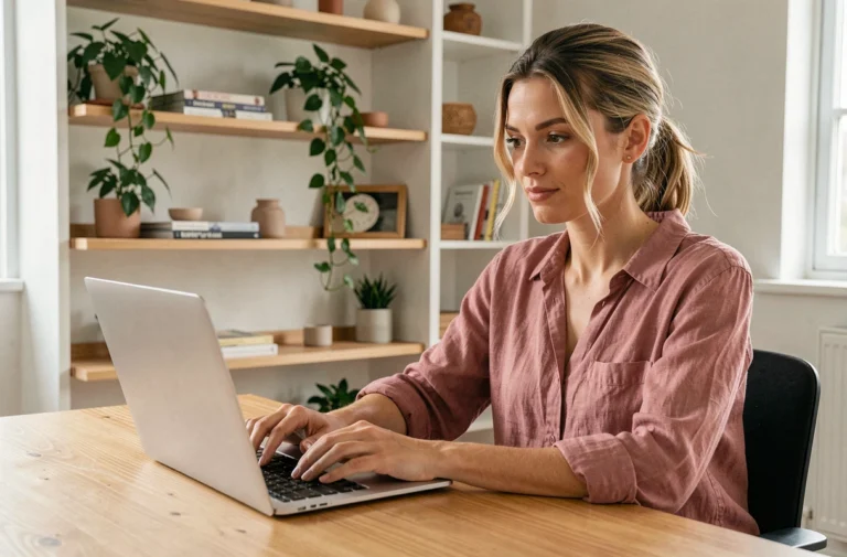 Femme lifestyle travaillant sur son blog féminin depuis un bureau scandinave élégant