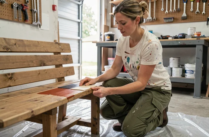 Femme bricoleure comparant des échantillons de lasure bois dans un garage atelier avant de choisir la teinte pour son projet