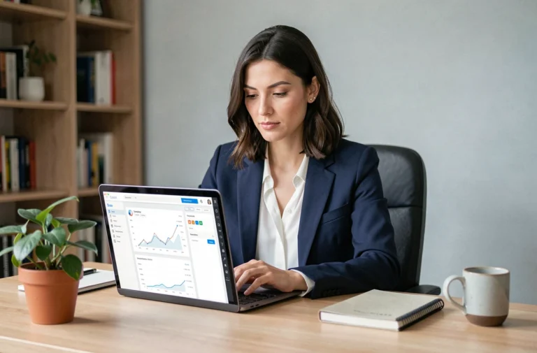 Femme professionnelle travaillant sur un tableau de bord analytique de site web dans un bureau à domicile minimaliste