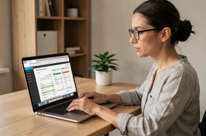 Femme comparant des offres d'hébergement web sur un ordinateur portable dans un bureau à domicile moderne