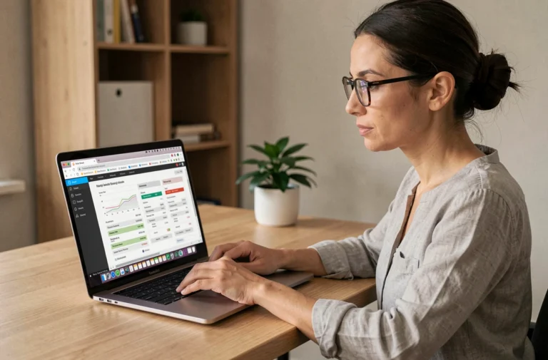 Femme comparant des offres d'hébergement web sur un ordinateur portable dans un bureau à domicile moderne