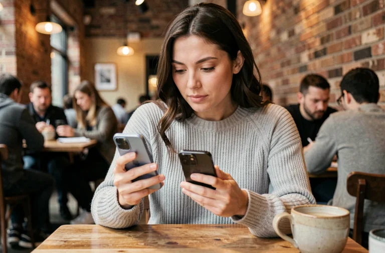Femme comparant deux smartphones dans un café pour choisir le meilleur modèle selon les tests et avis