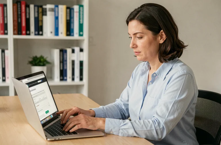 Femme consultant la page de contact du site Science Line sur un ordinateur portable dans un bureau minimaliste