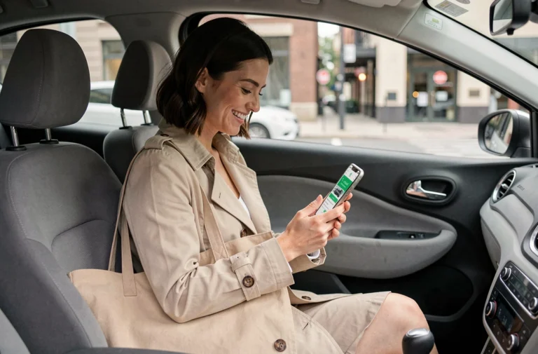 Femme utilisant l'application de covoiturage Citygo dans une voiture en ville pour optimiser ses trajets quotidiens
