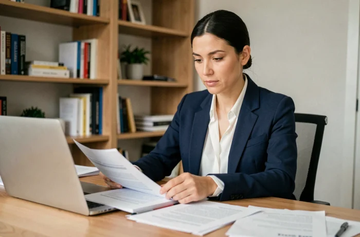 Femme consultant des documents de prêt immobilier à son bureau à domicile pour choisir les meilleurs critères de crédit