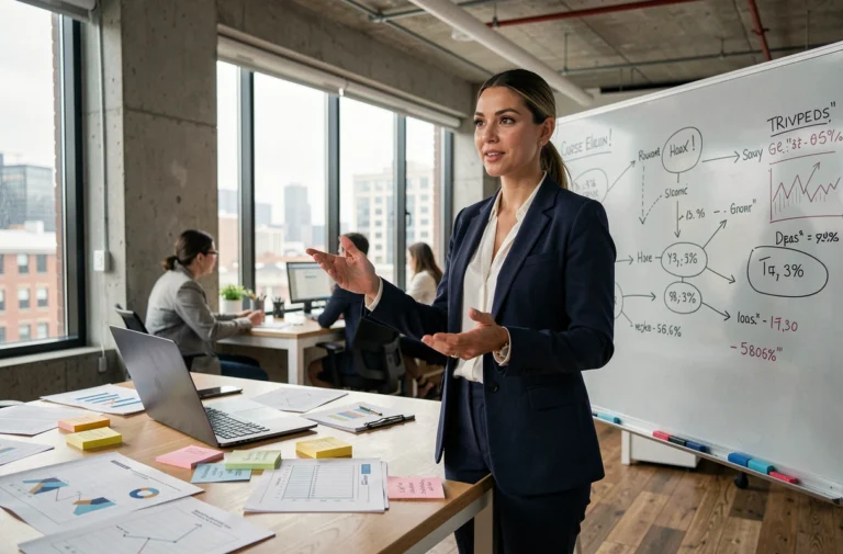 Femme entrepreneuse confiante présentant un plan d'affaires dans un bureau moderne au style industriel
