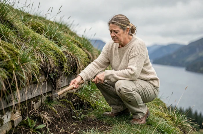 Femme norvégienne entretenant le toit en tourbe d'une maison traditionnelle en bois avec un fjord en arrière-plan