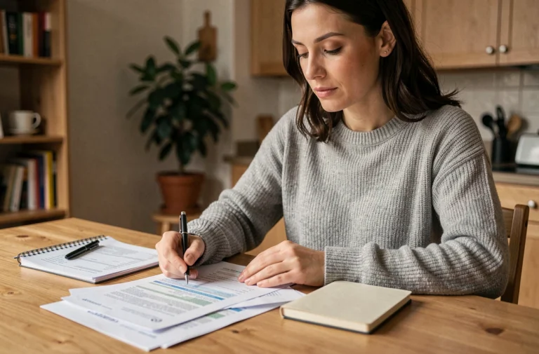 Femme gérant ses finances personnelles avec des relevés bancaires et un carnet sur une table en bois dans un appartement cosy