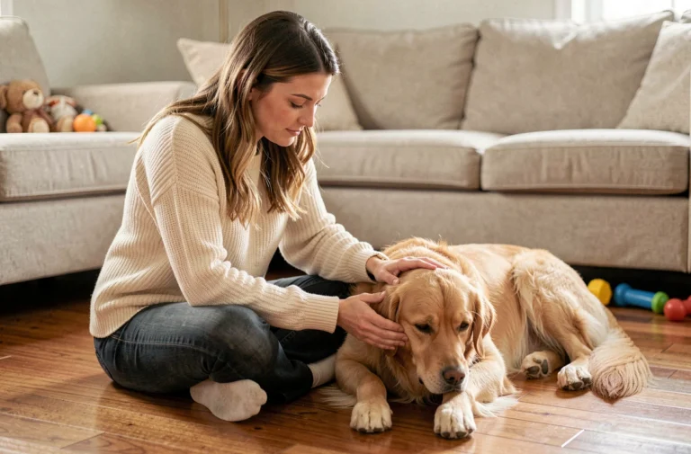Femme qui caresse son golden retriever allongé sur un parquet en bois, montrant le lien de confiance entre maîtresse et animal de compagnie