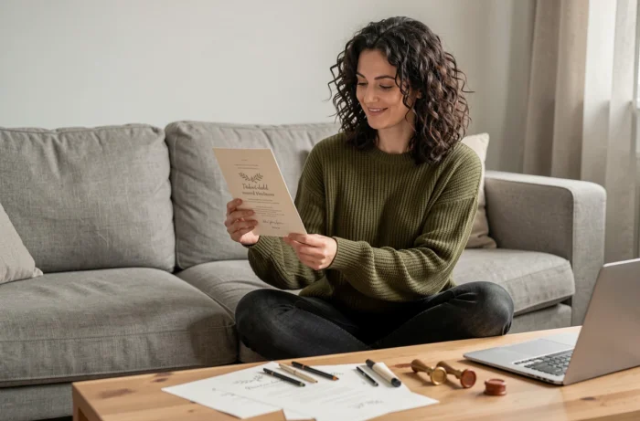 Femme examinant un faire-part de mariage imprimé réalisé gratuitement en ligne dans un salon moderne et minimaliste