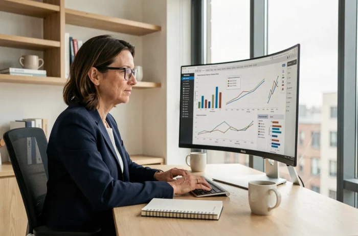 Femme investisseuse immobilière analysant des graphiques sur un écran d'ordinateur dans un bureau moderne à domicile