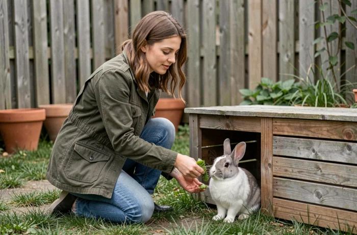 Jeune femme nourrissant un lapin nain dans un jardin extérieur, illustrant les soins et l'attention portés aux petits animaux de compagnie
