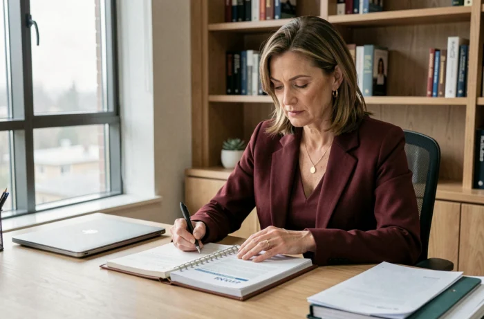 Femme manager en réflexion stratégique seule dans son bureau exécutif avec documents et planificateur